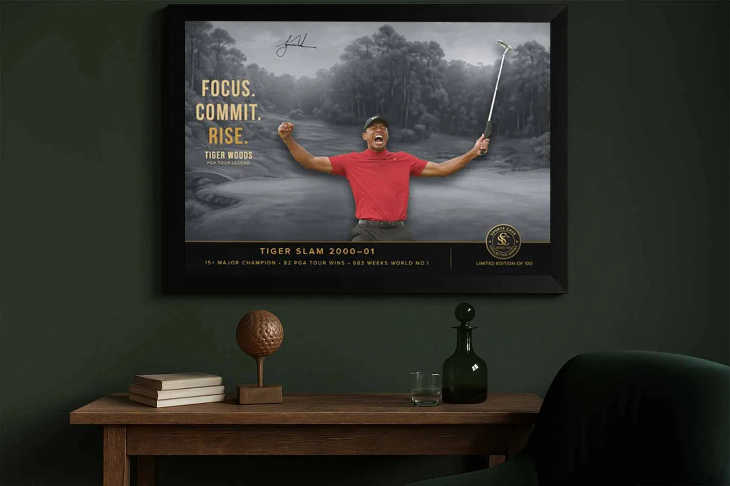 Tiger Woods framed golf sports wall art hanging in a stylish living room, premium decor for golf fans.
