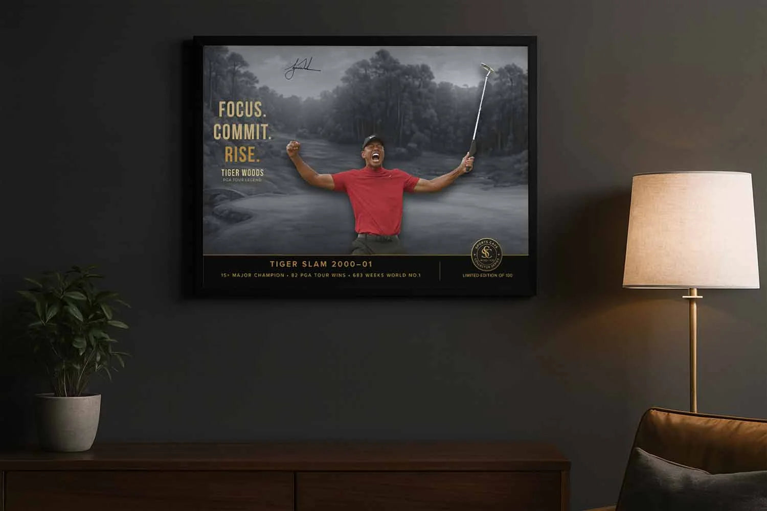Tiger Woods motivational golf print in black frame displayed above console as man cave sports wall art.
