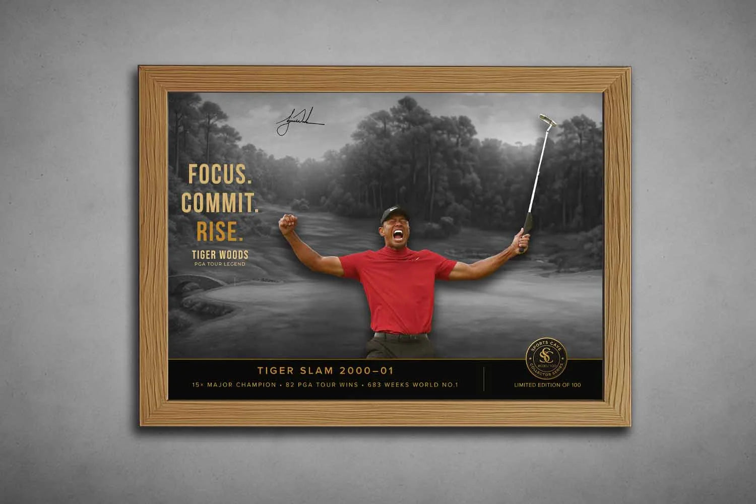 Tiger Woods motivational golf wall art in oak frame, limited edition sports print.