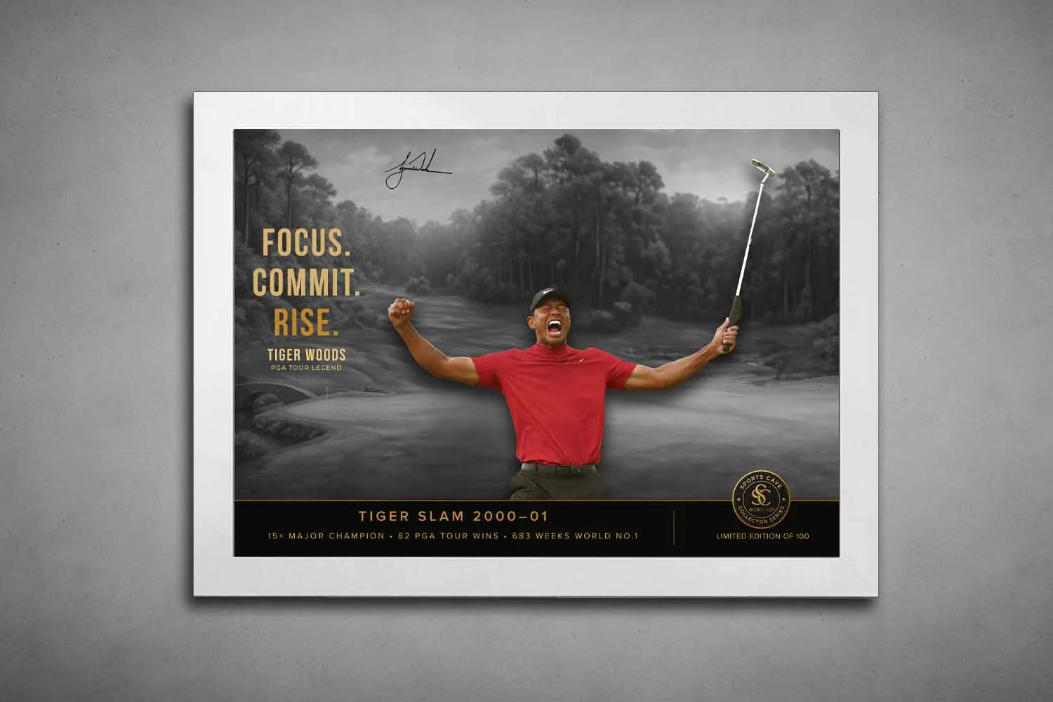 Tiger Woods motivational golf wall art in white frame, premium sports art for home or office.