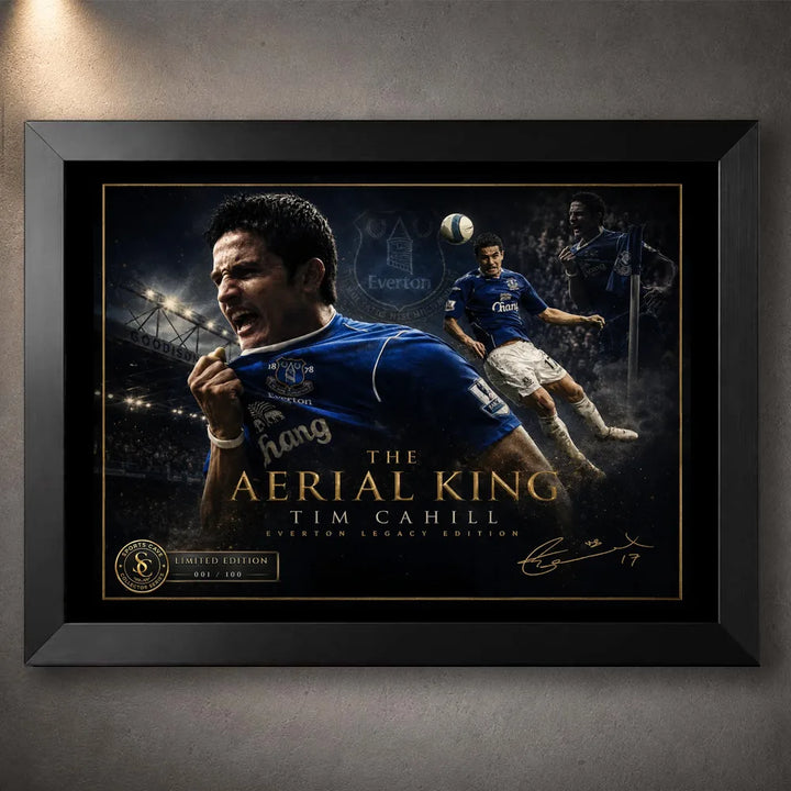 Tim Cahill Everton wall art in a black frame with dark border, gold details and limited edition badge.