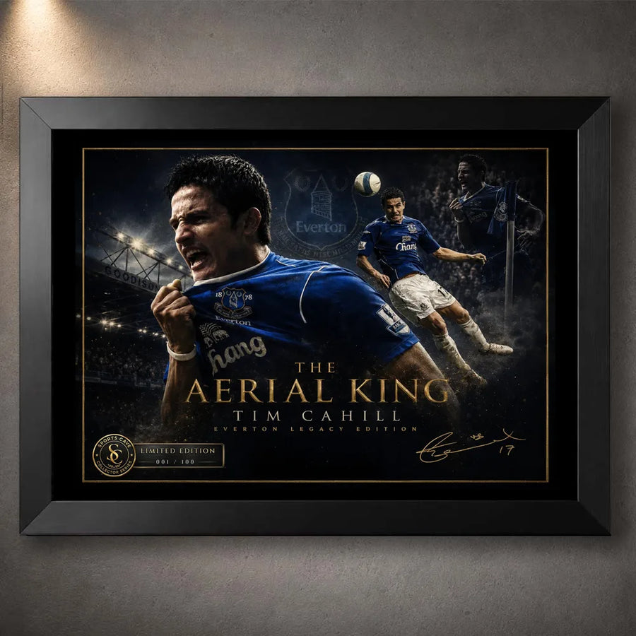 Tim Cahill Everton wall art in a black frame with dark border, gold details and limited edition badge.