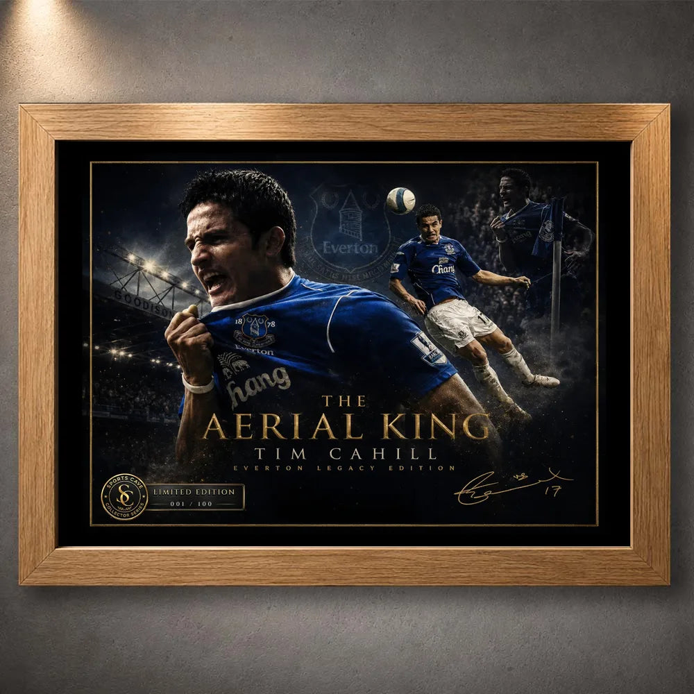 Tim Cahill Everton wall art shown in an oak frame with black mat border and gold collector details.