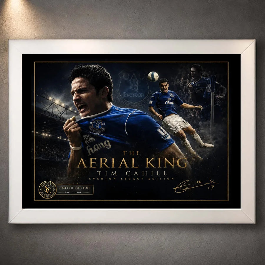 Tim Cahill Everton wall art shown in a white frame with black mat border and limited edition badge.
