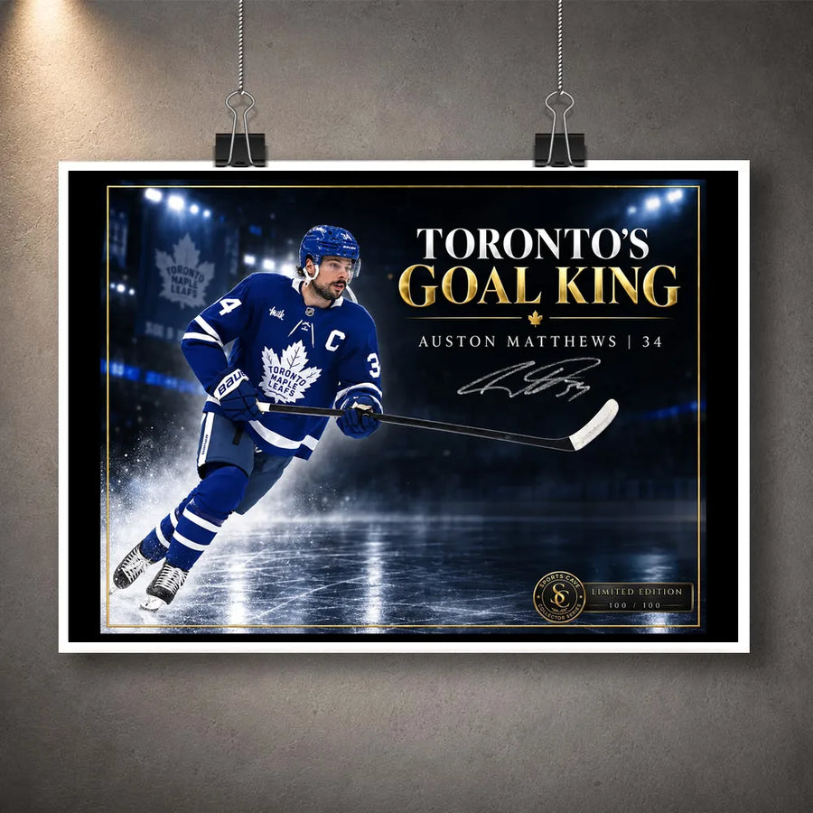 Unframed Auston Matthews hockey wall art design featuring Toronto's Goal King artwork for a fan or collector space.