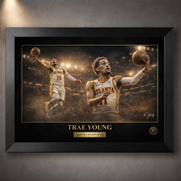 Trae Young NBA wall art in a black frame, showing Atlanta basketball artwork with arena lights and gold details.