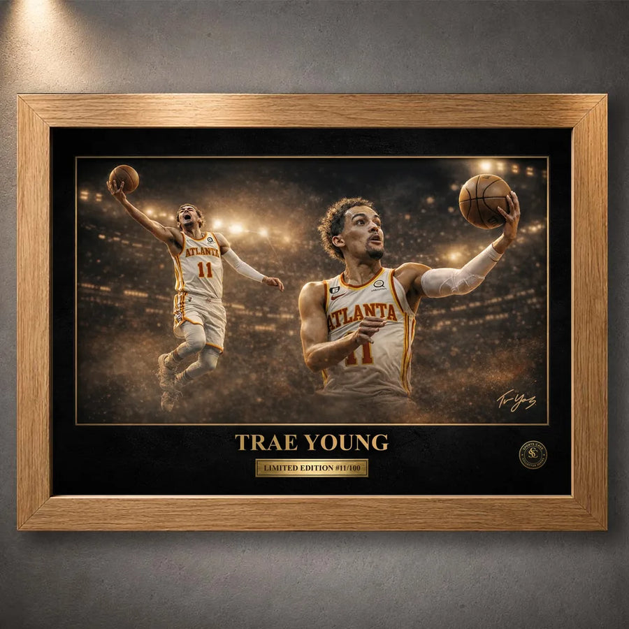 Trae Young NBA wall art in an oak frame, showing Atlanta basketball artwork with gold typography and arena lights.