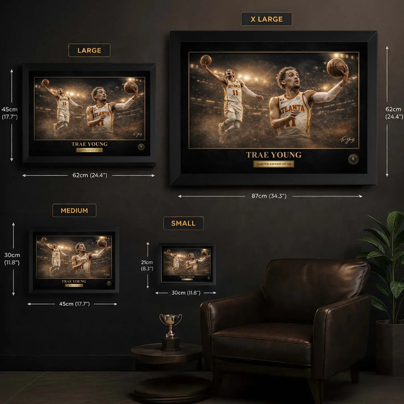 Trae Young framed NBA wall art size guide comparing small, medium, large and XL frame dimensions.