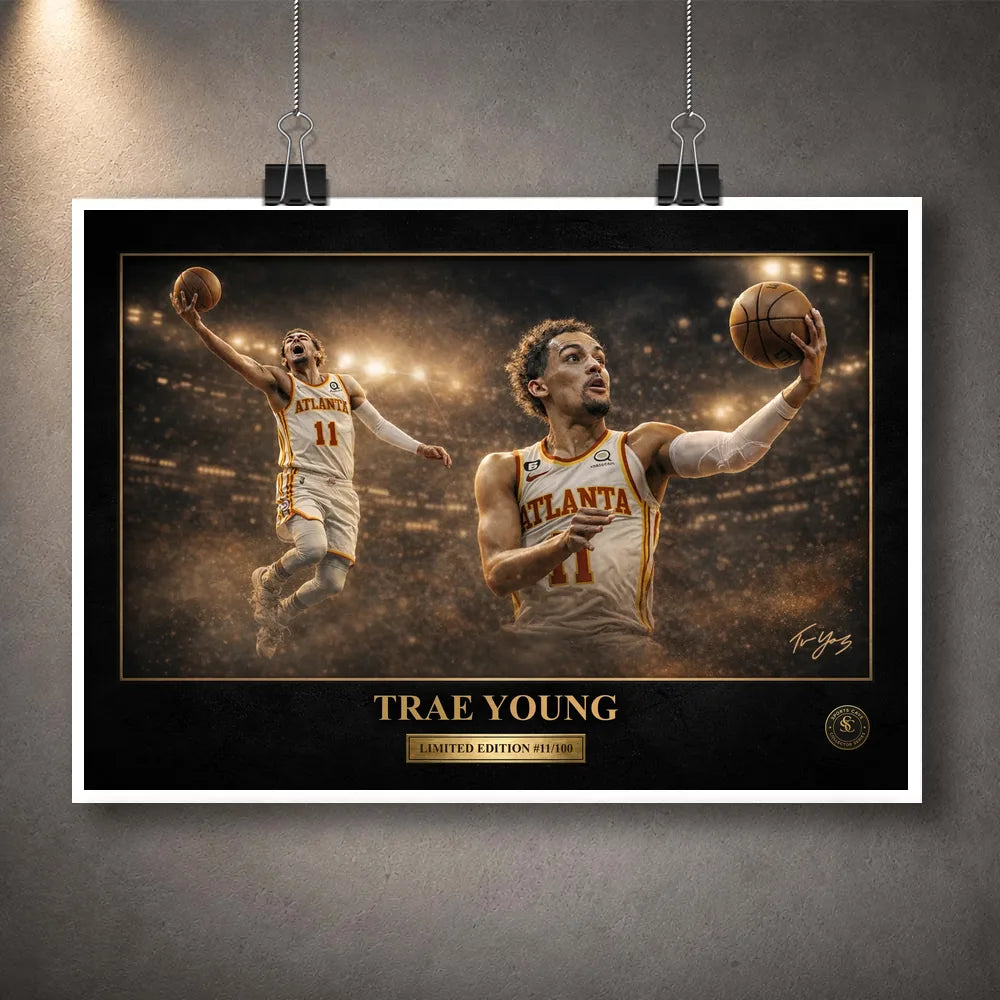 Trae Young unframed NBA wall art print against a grey wall, showing the Atlanta basketball collector design.