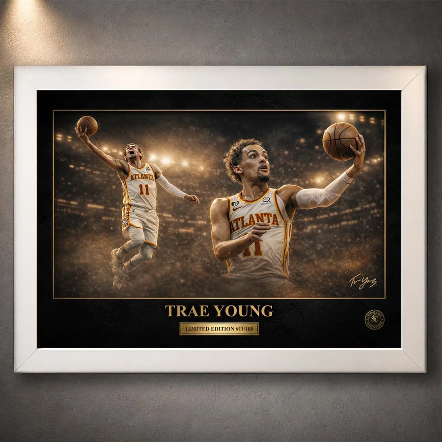 Trae Young NBA wall art in a white frame, showing Atlanta basketball artwork with black mat and gold details.
