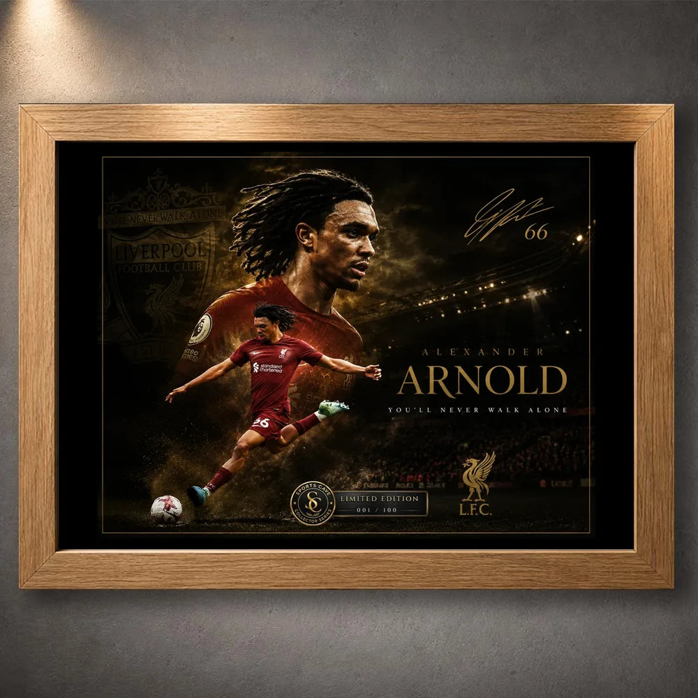 Trent Alexander-Arnold soccer wall art in an oak frame with gold artwork details.