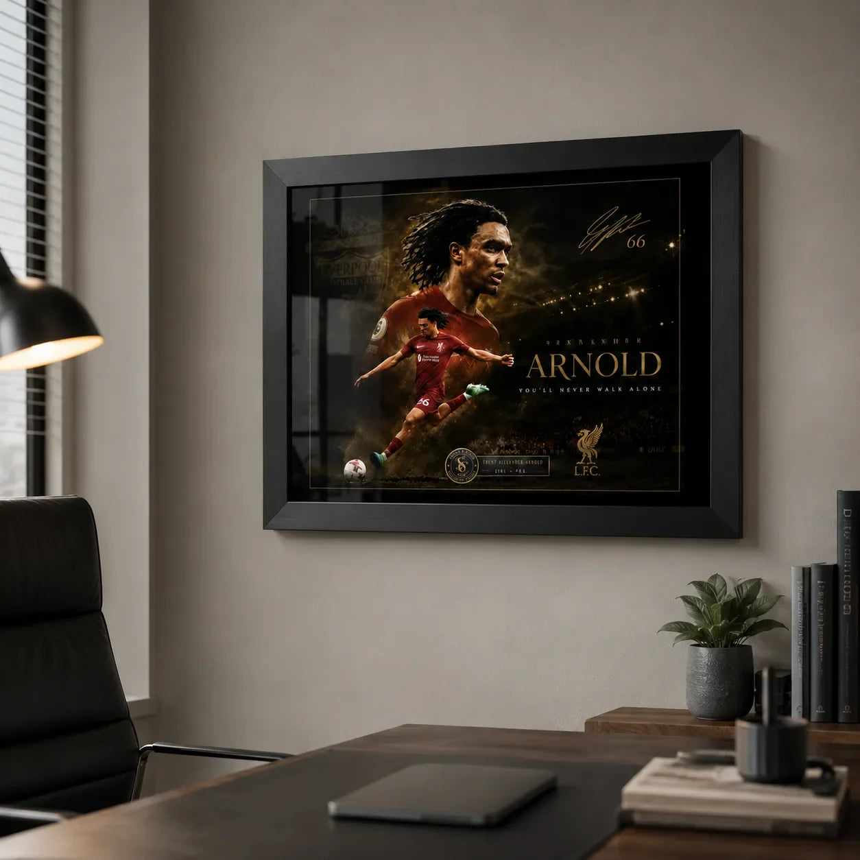 Trent Alexander-Arnold soccer wall art in a black frame shown on an office wall.
