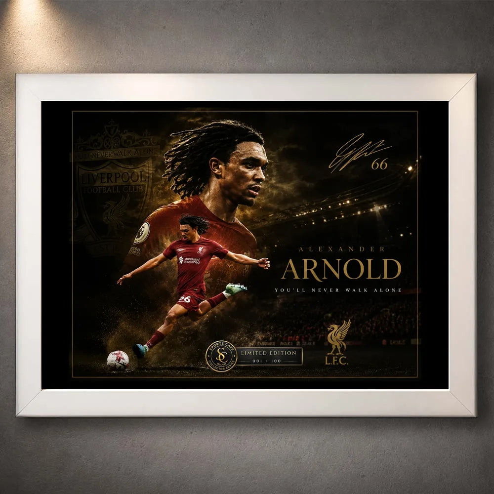Trent Alexander-Arnold soccer wall art in a white frame with dark artwork details.