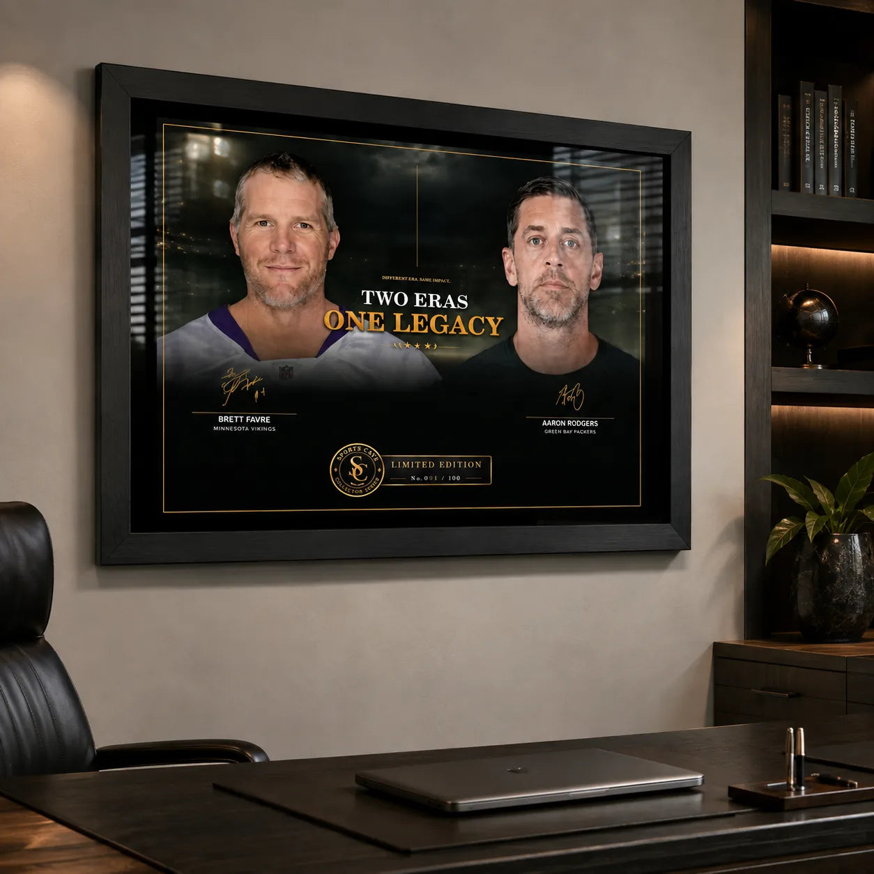 Favre and Rodgers wall art in a modern office above a dark desk, styled for an NFL collector space.