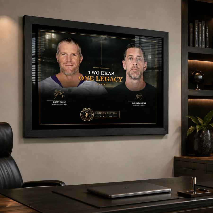 Favre and Rodgers wall art in a modern office above a dark desk, styled for an NFL collector space.