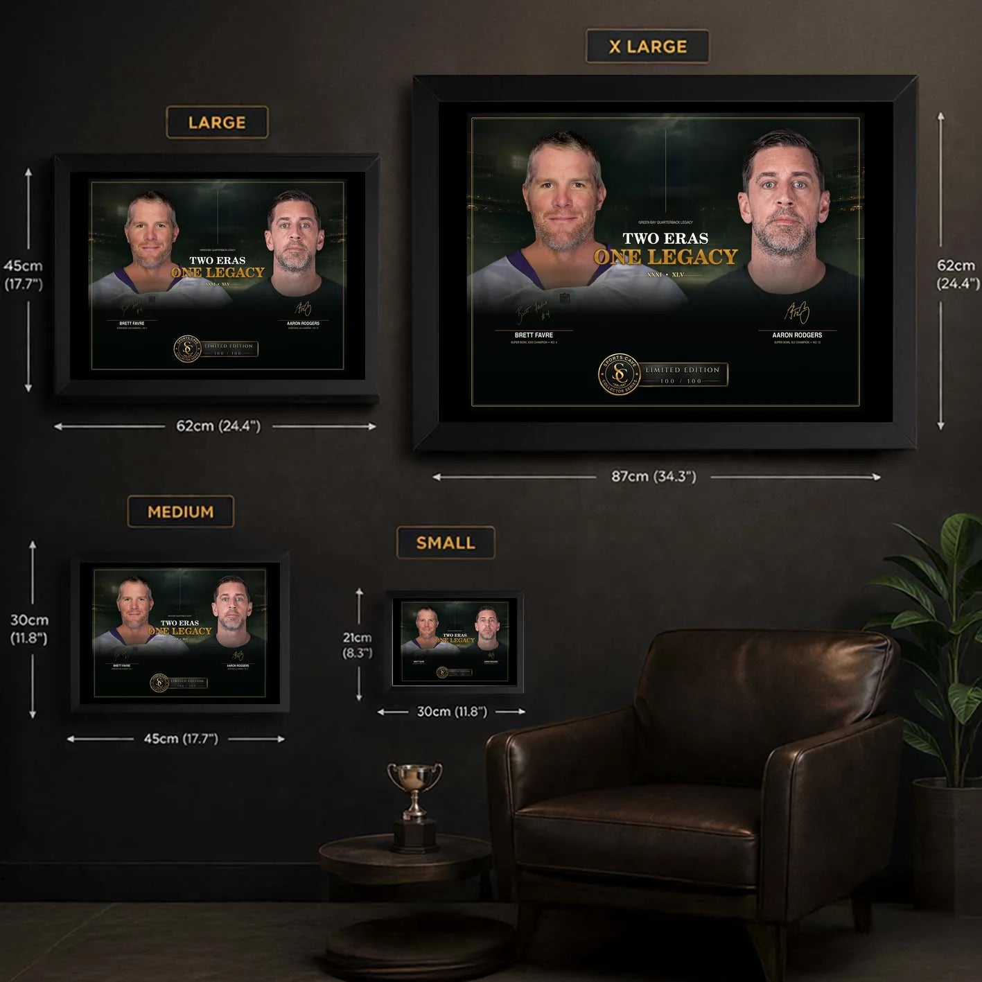 Favre and Rodgers wall art size guide showing XL, large, medium and small framed display dimensions.