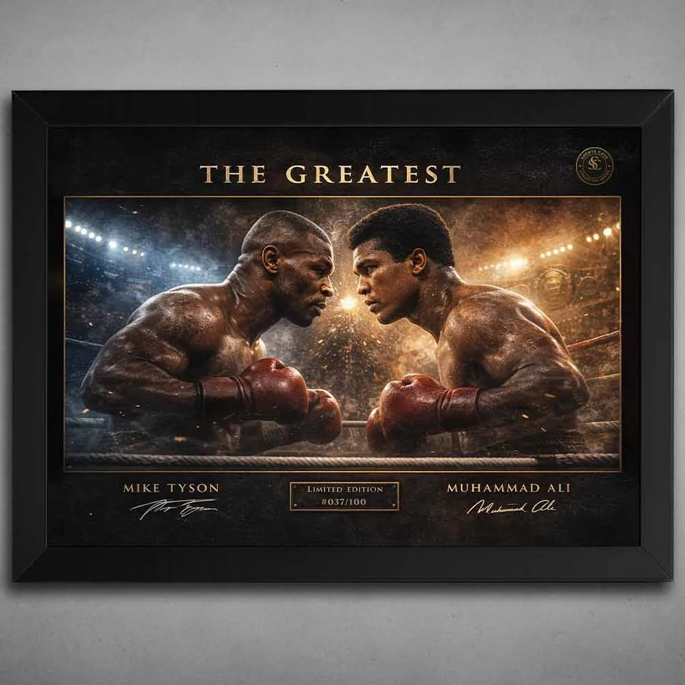 Mike Tyson vs Muhammad Ali “The Greatest” boxing artwork in black frame, dramatic arena faceoff, premium sports collectibles.