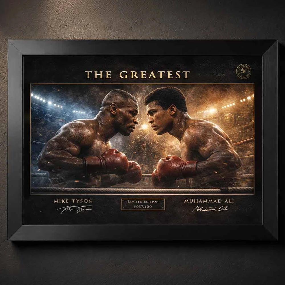 Limited‑edition framed sports memorabilia of Tyson vs Ali in black finish, crafted for premium boxing fans.