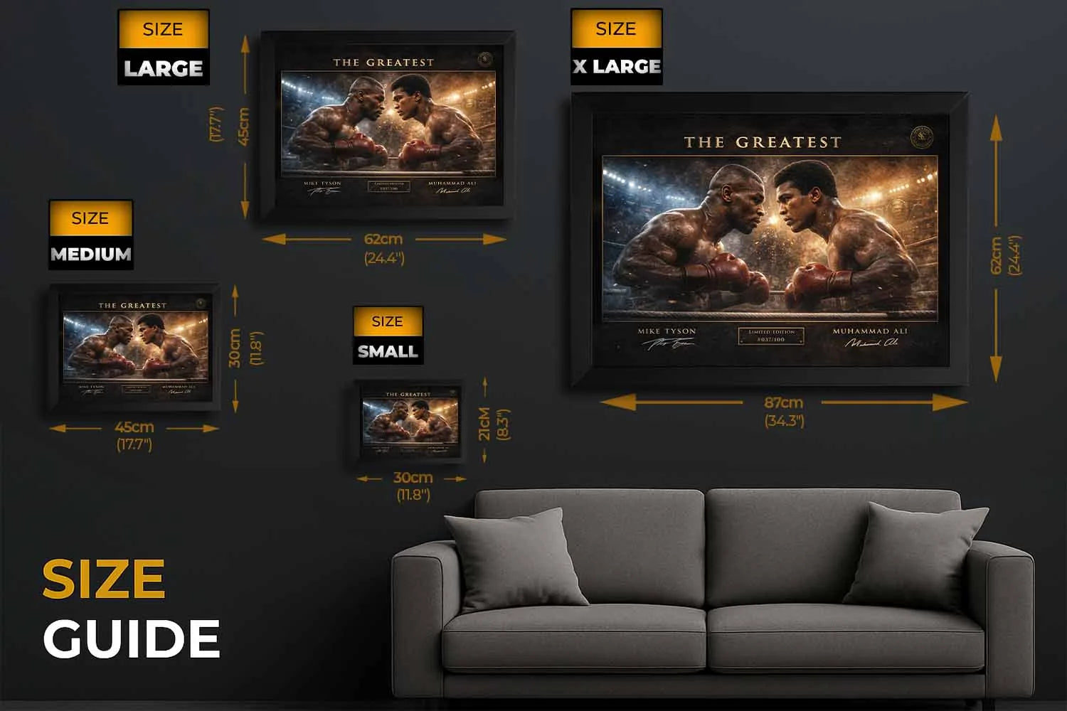 Tyson vs Ali boxing artwork size guide showing small, medium, large and XL frame dimensions for sports wall art display.
