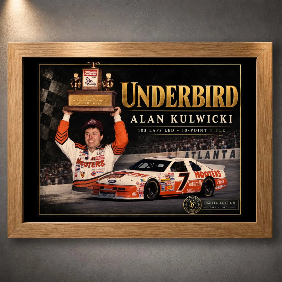 Oak framed Alan Kulwicki Underbird NASCAR wall art with the 1992 trophy celebration and number 7 race car.