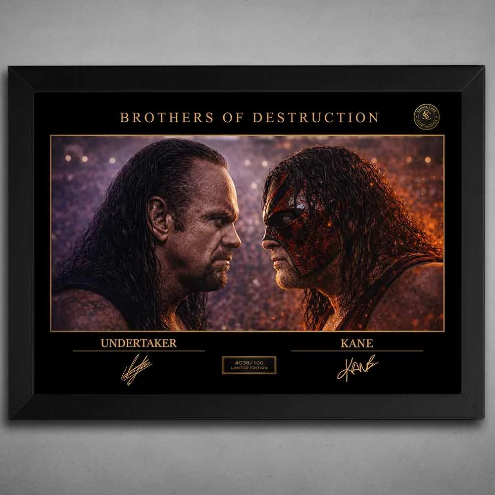 Undertaker vs Kane Brothers of Destruction framed sports art in black frame, intense WWE rivalry artwork with premium finish