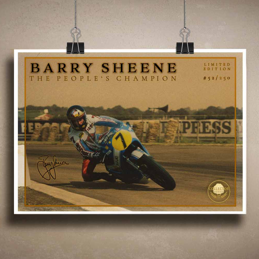 Barry Sheene 1970s racing print—limited edition sports art perfect for collectors seeking classic motorsport wall décor without the frame.