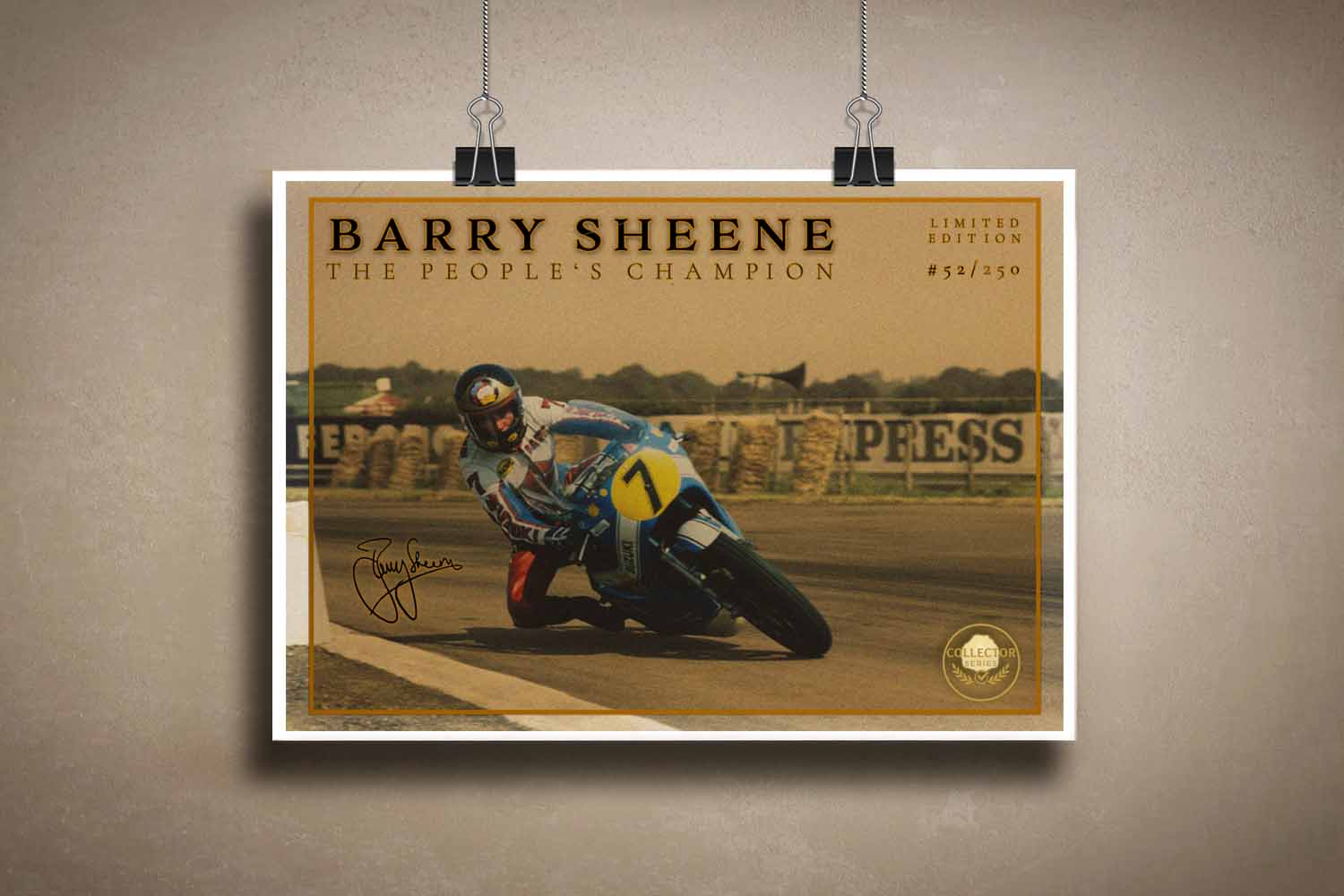 Barry Sheene 1970s racing print—limited edition sports art perfect for collectors seeking classic motorsport wall décor without the frame.