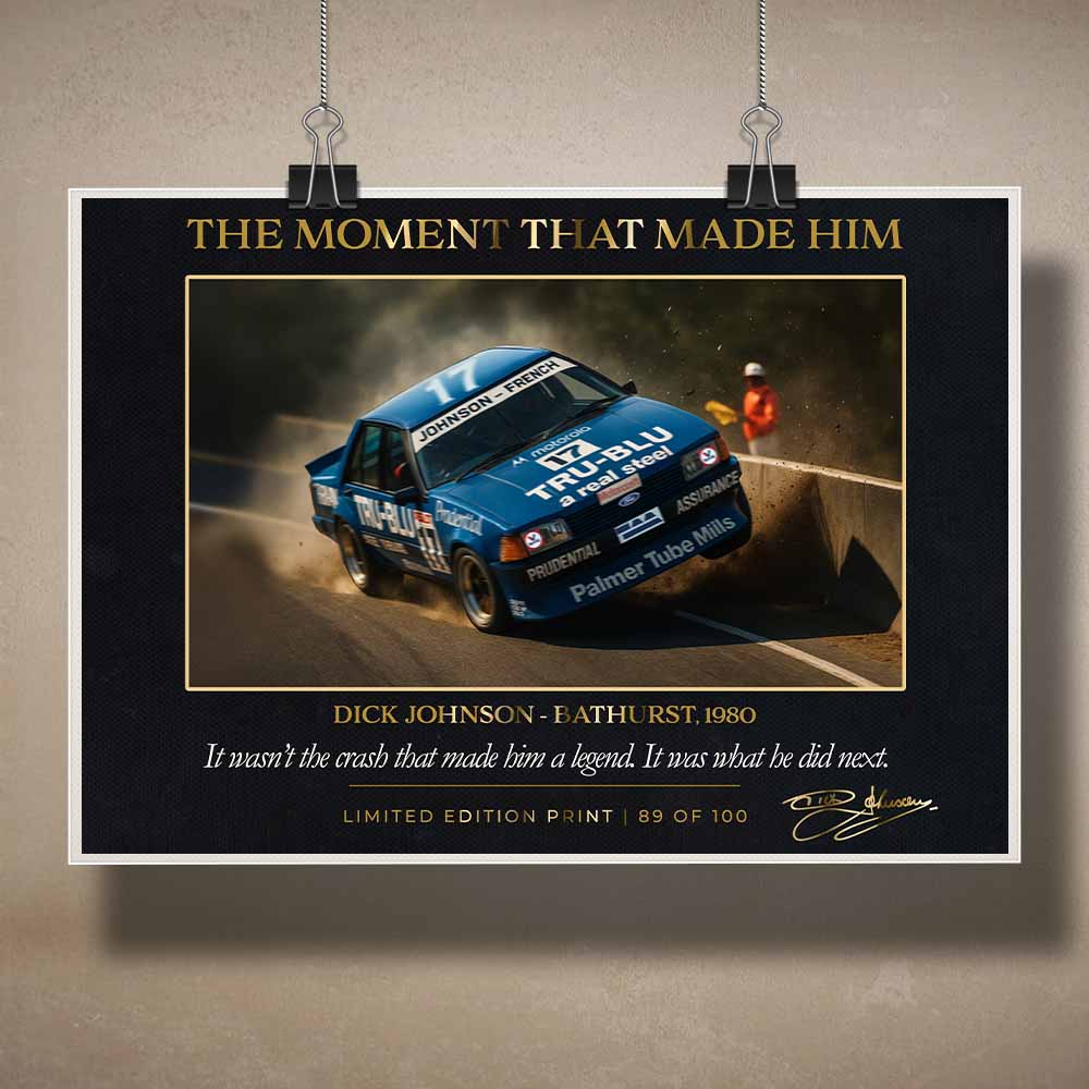 Unframed Dick Johnson Bathurst 1980 crash print — premium sports art print for collectors who want custom sports wall art that honours V8 Supercars history.