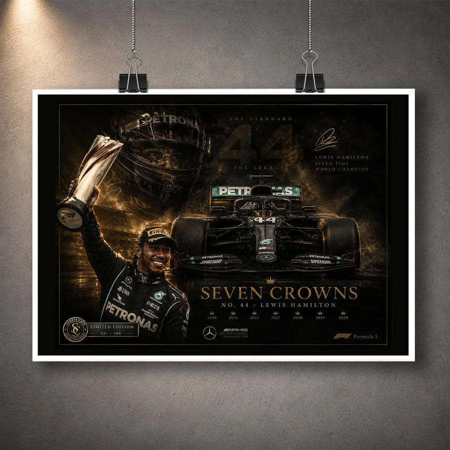 Unframed Seven Crowns motorsport wall art print featuring the No. 44 car, trophy lift and gold detailing.