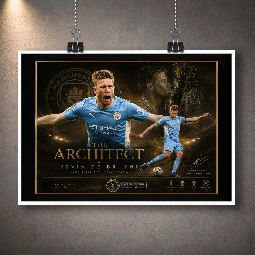 Kevin De Bruyne Manchester City unframed soccer wall art print with white border and hanging clips.