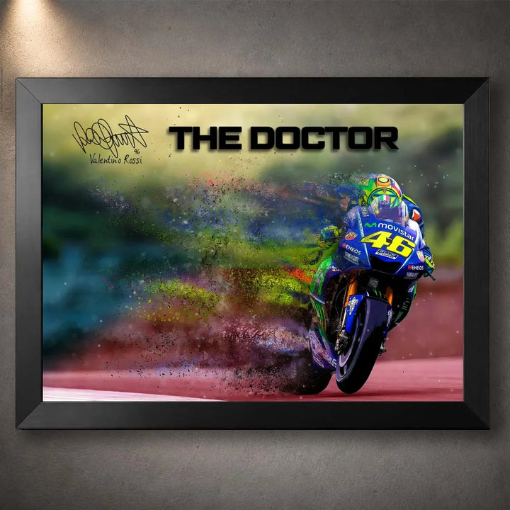 Black framed Valentino Rossi MotoGP wall art featuring The Doctor #46 racing through vivid motion effects.