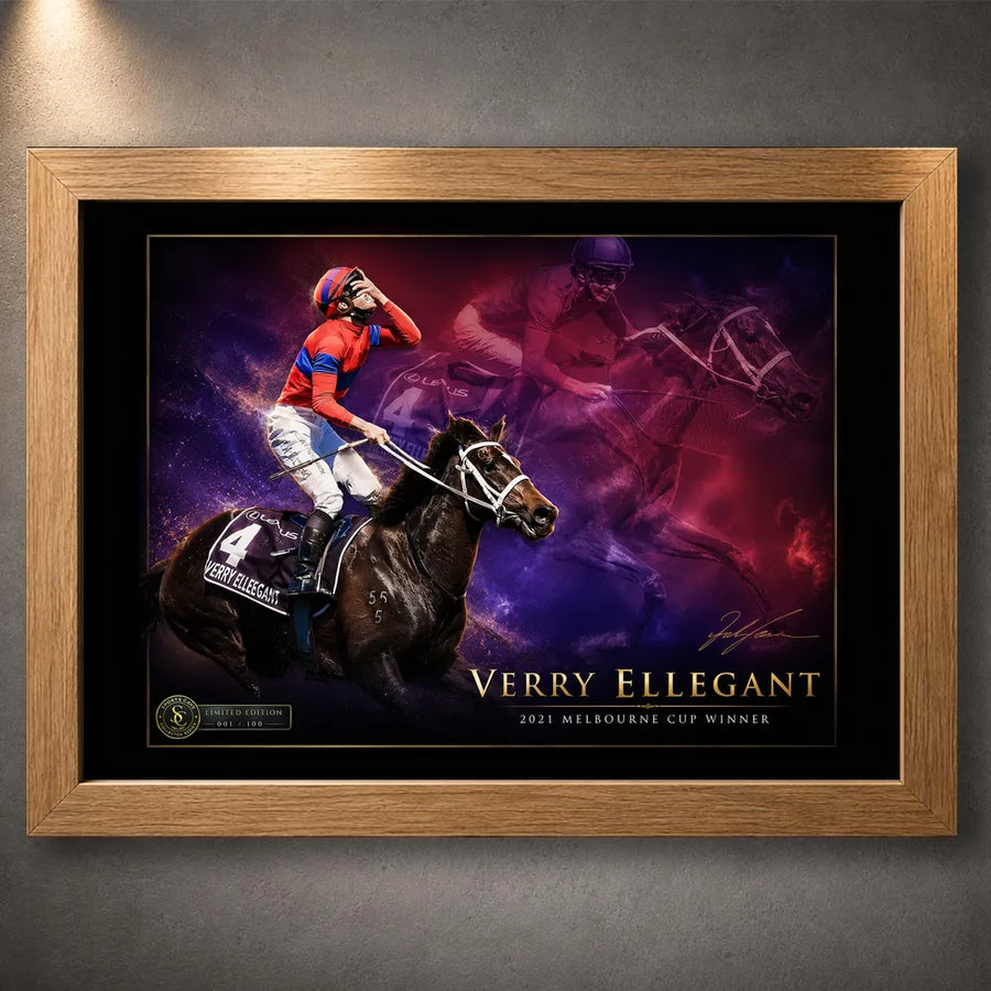Verry Elleegant 2021 Melbourne Cup wall art in an oak frame, featuring the winning mare and jockey in a cinematic racing design.