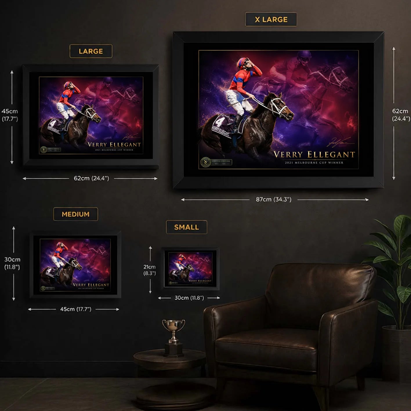 Verry Elleegant 2021 Melbourne Cup framed wall art size guide showing Small, Medium, Large and X Large dimensions.