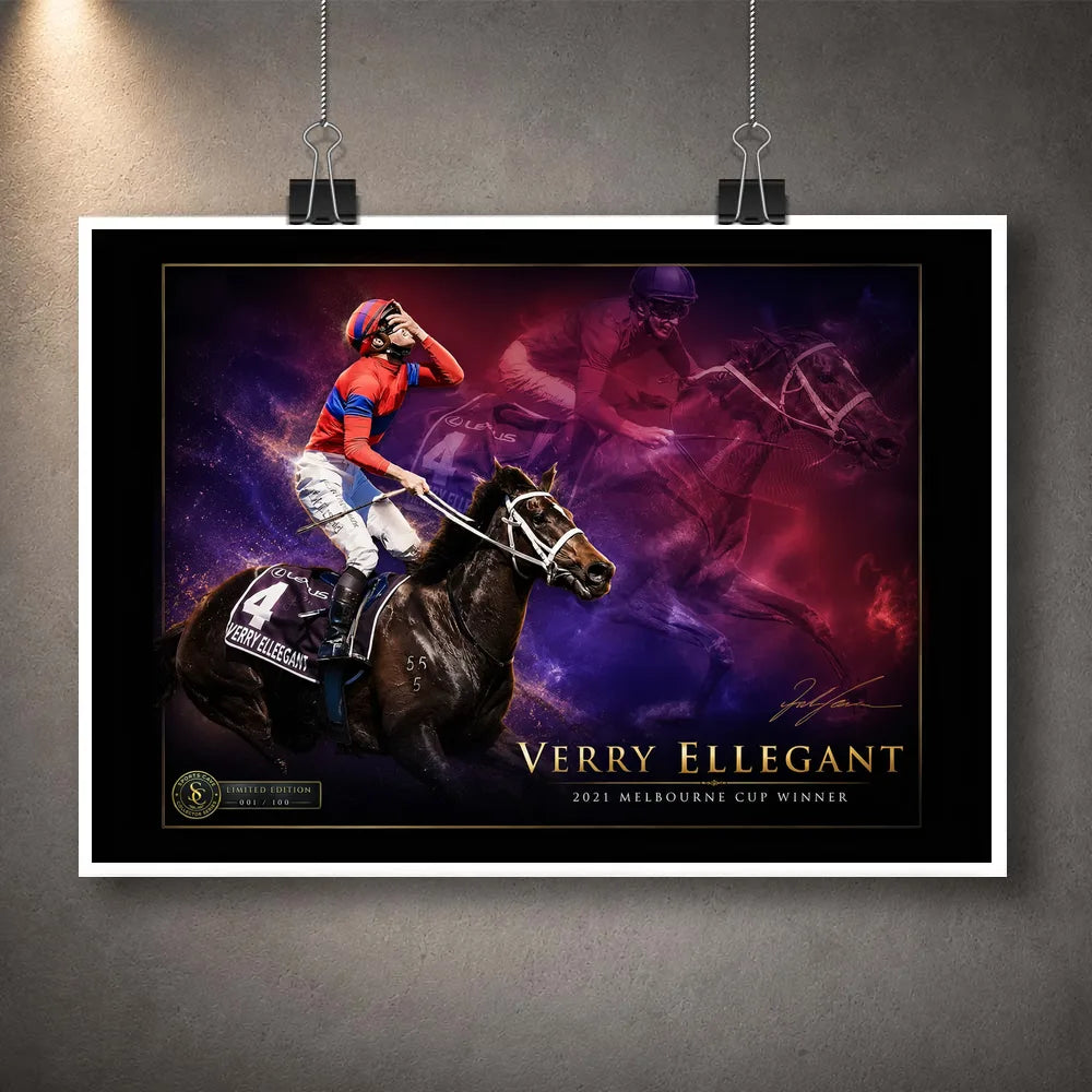 Unframed Verry Elleegant 2021 Melbourne Cup wall art print featuring the winning mare and jockey in red and purple tones.