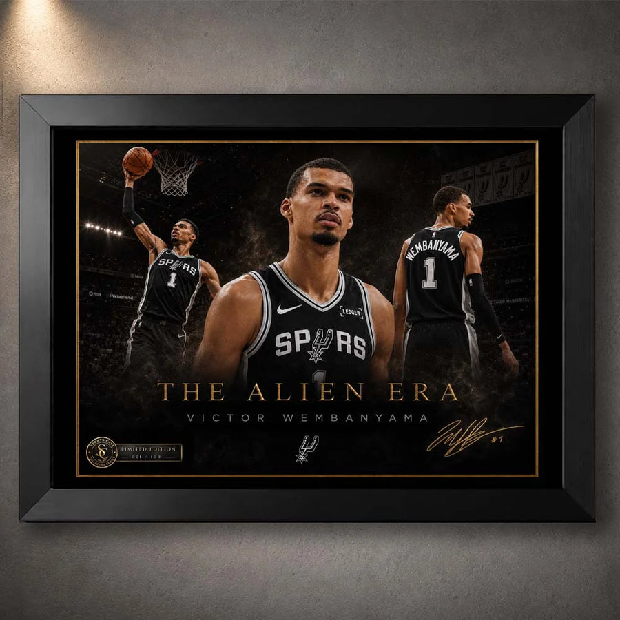 Victor Wembanyama The Alien Era limited edition basketball wall art in a premium black frame.