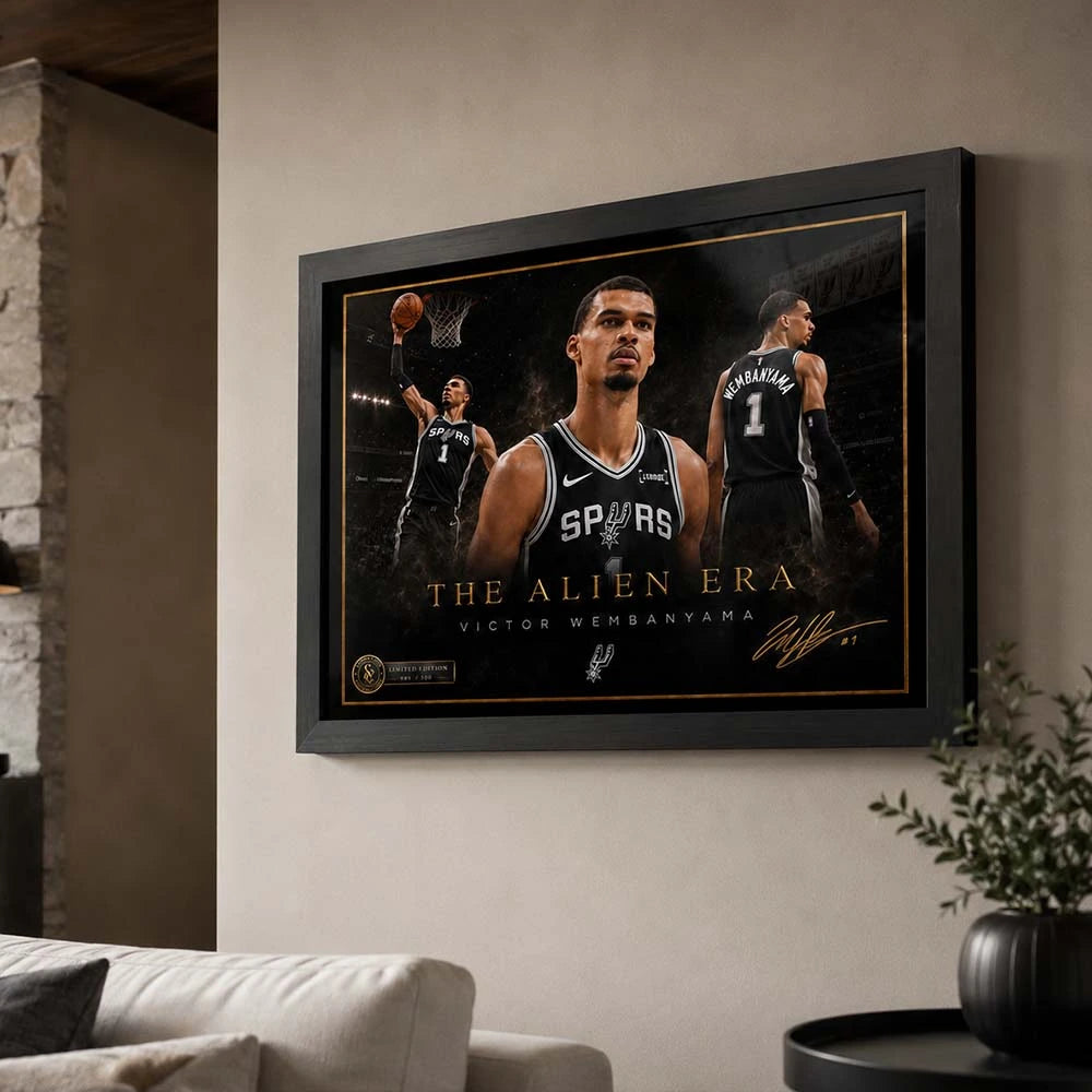 Victor Wembanyama framed basketball wall art hanging in a modern living room.