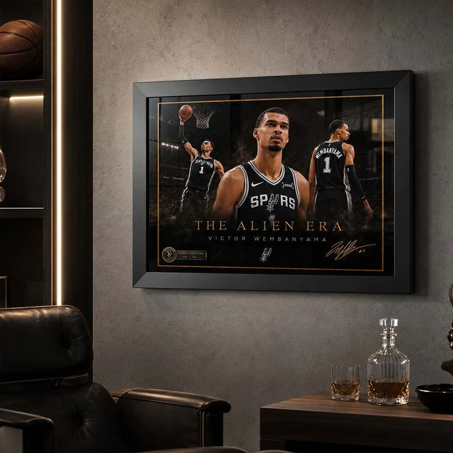 Victor Wembanyama The Alien Era framed sports wall art displayed in a premium man cave.