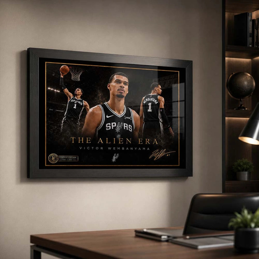 Victor Wembanyama framed basketball wall art displayed in a modern office space