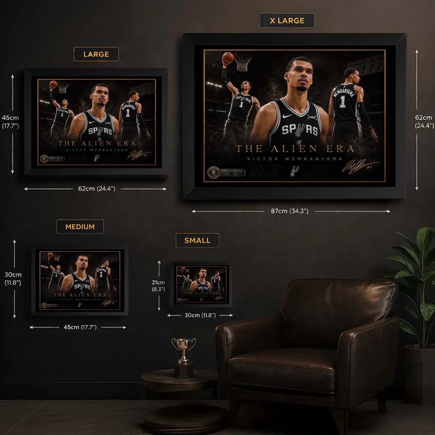 Victor Wembanyama Sports Cave wall art size guide showing small, medium, large and extra large framed options.