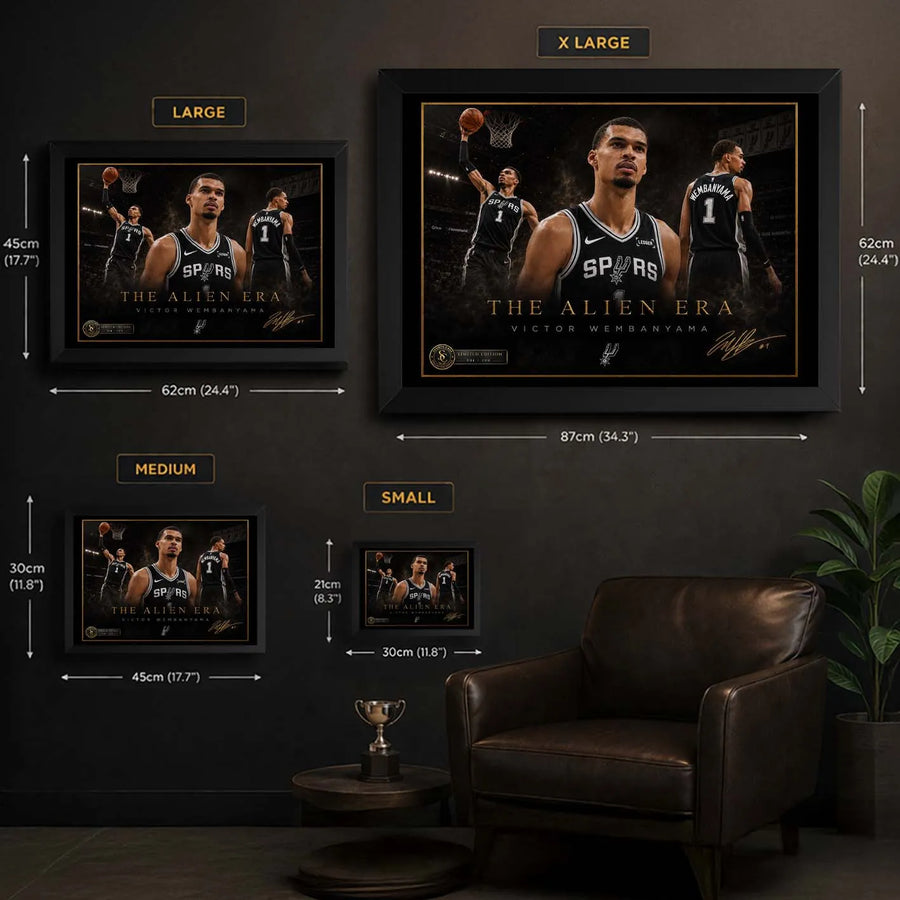 Victor Wembanyama Sports Cave wall art size guide showing small, medium, large and extra large framed options.