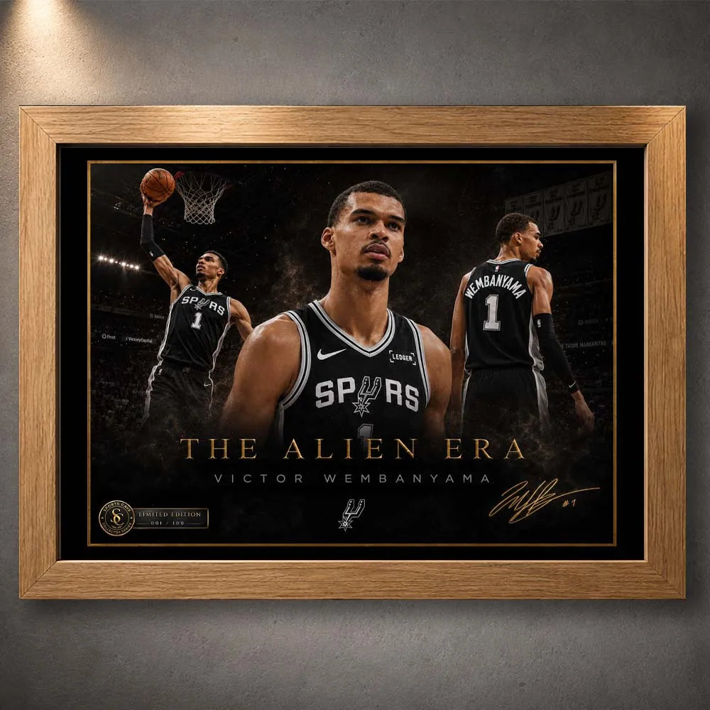 Victor Wembanyama The Alien Era limited edition basketball wall art in a premium oak frame.