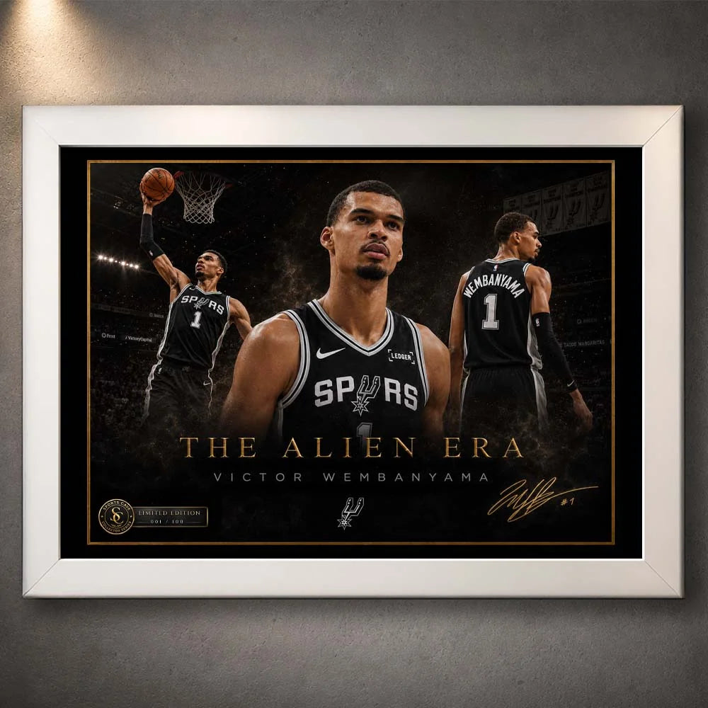 Victor Wembanyama The Alien Era limited edition basketball wall art in a premium white frame.