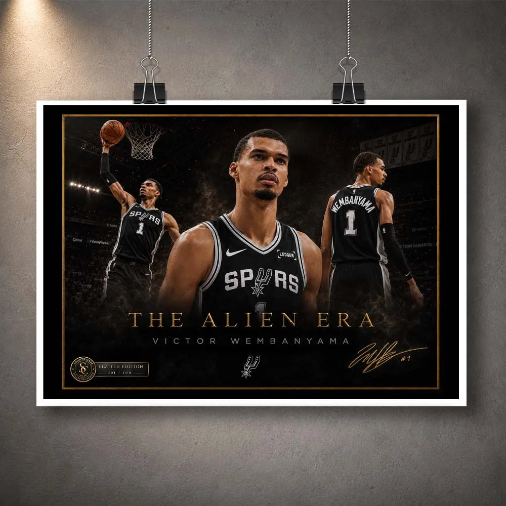 Victor Wembanyama The Alien Era limited edition basketball wall art print in white unframed poster style.