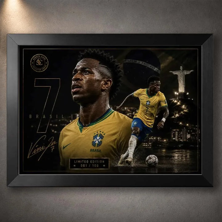 Vinicius Junior Brazil wall art in a black frame, featuring the No. 7 football tribute against a dramatic Rio night scene.