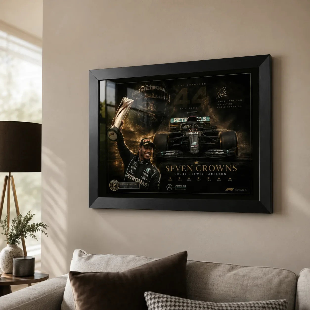 Seven Crowns framed sports art shown above a neutral sofa in a bright modern living room setting.