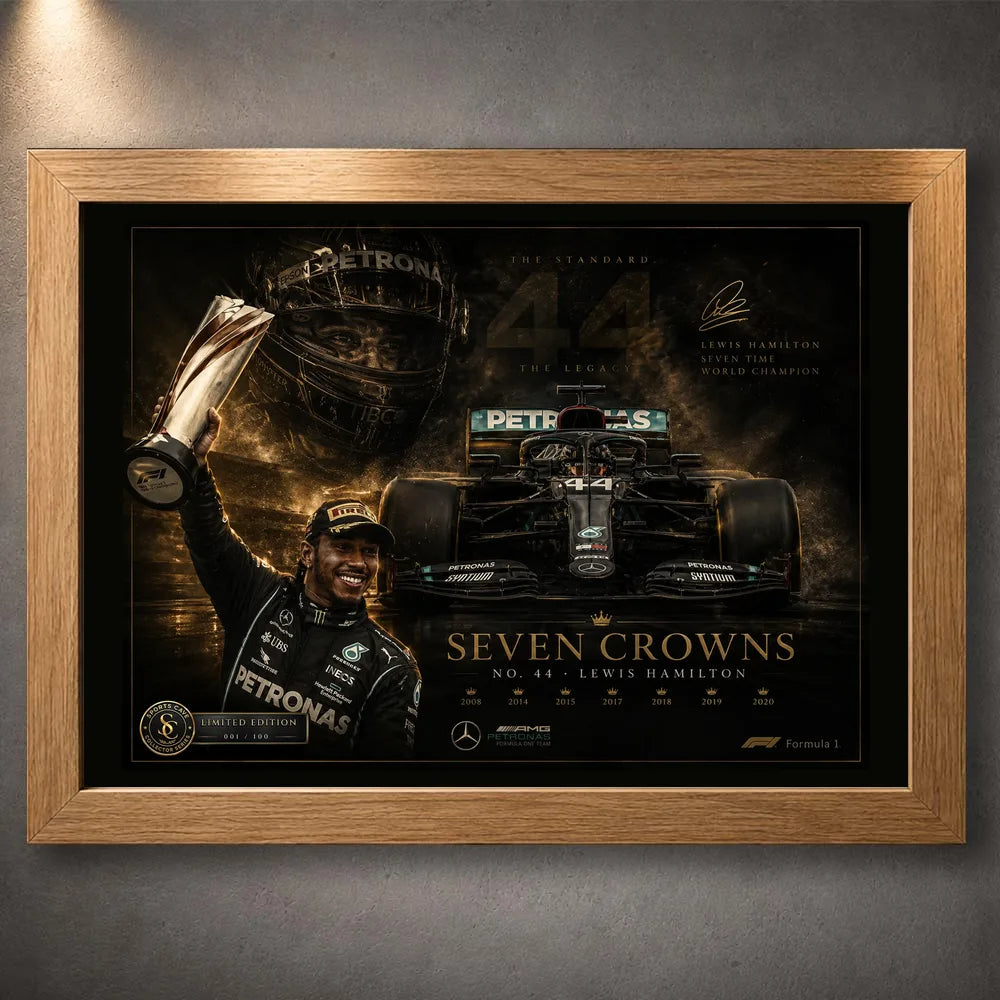 Oak framed Seven Crowns motorsport wall art featuring the No. 44 car, trophy lift and dark gold artwork.