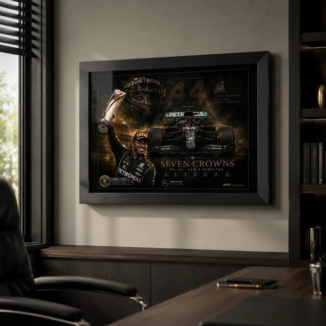 Framed motorsport wall art displayed in a premium home office with dark shelving, desk styling and natural light.