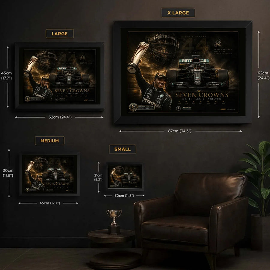 Motorsport wall art size guide showing S, M, L and XL framed dimensions in centimetres and inches.