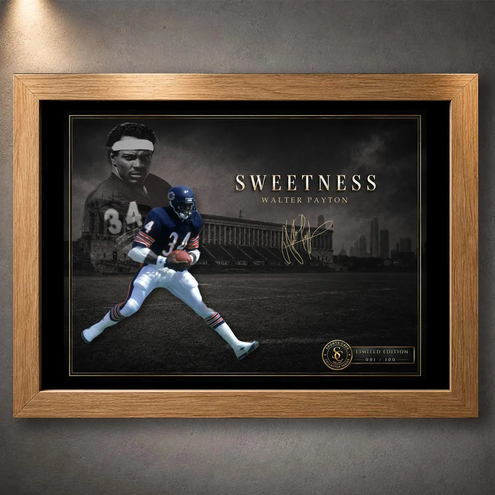 Oak framed Walter Payton wall art featuring the Sweetness tribute for a warm American football collector display.