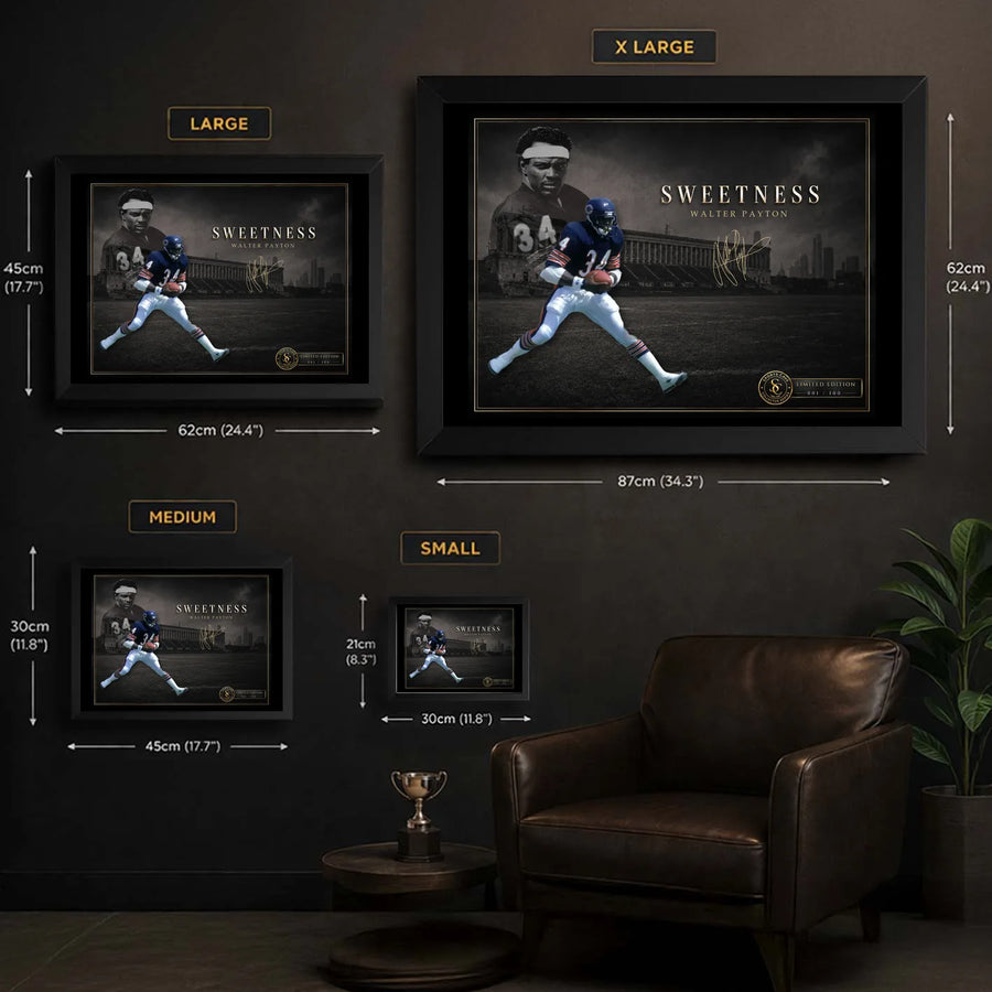 Walter Payton wall art size guide showing Small, Medium, Large and XL framed dimensions in centimetres and inches.